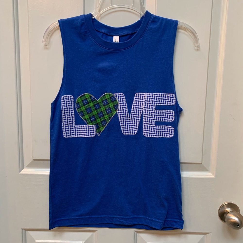Custom appliqué; LOVE, royal blue tee; NEW